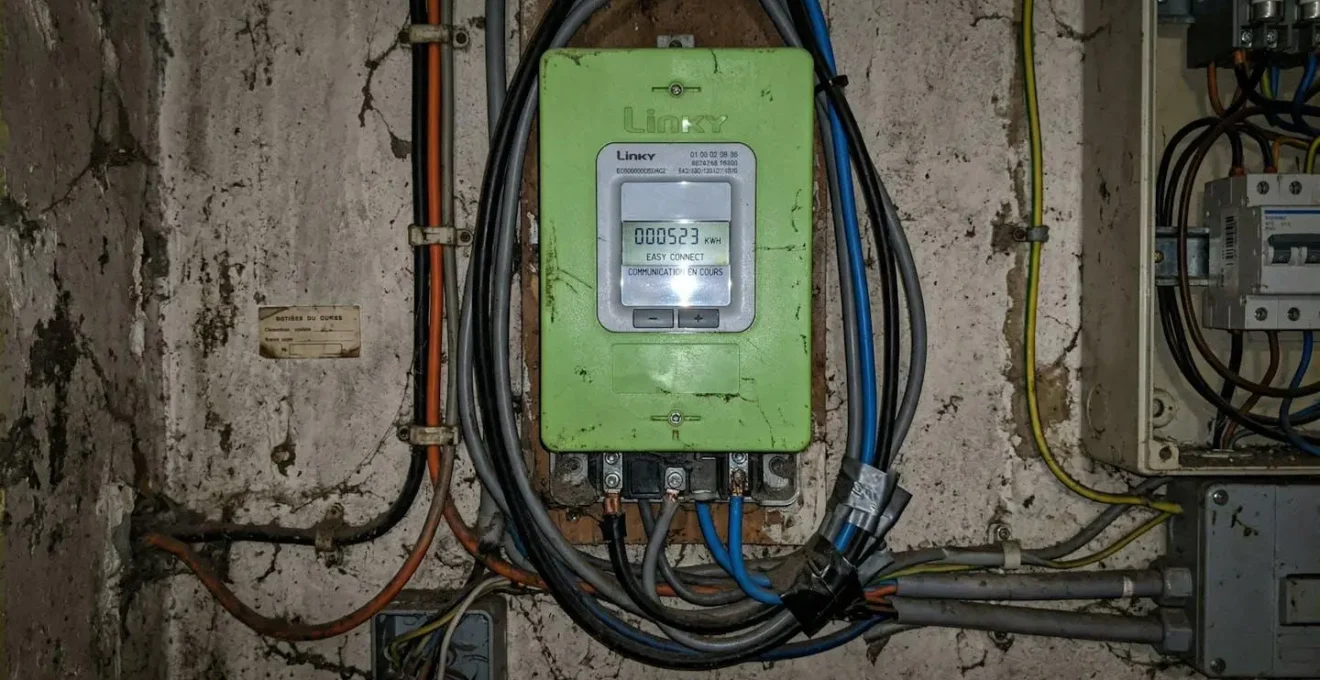 Un compteur électrique Linky vert installé dans un local technique avec des câbles visibles autour