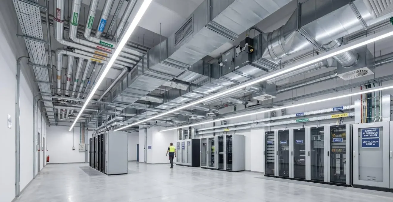 Local technique moderne d'un immeuble résidentiel avec système de ventilation et gaines apparentes au plafond sous un éclairage naturel