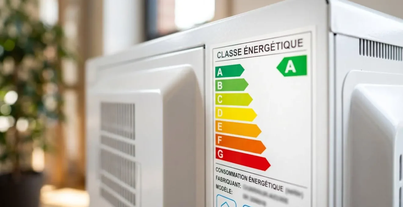Gros plan sur une étiquette énergétique affichant les classes A à G fixée sur un caisson de ventilation moderne blanc