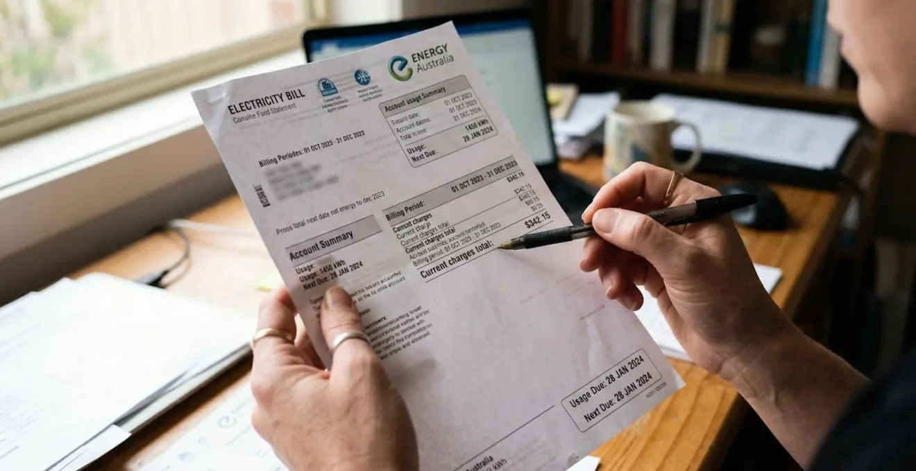 Des mains tiennent une facture papier tandis qu'un stylo pointe une ligne, bureau en arrière-plan avec lumière naturelle