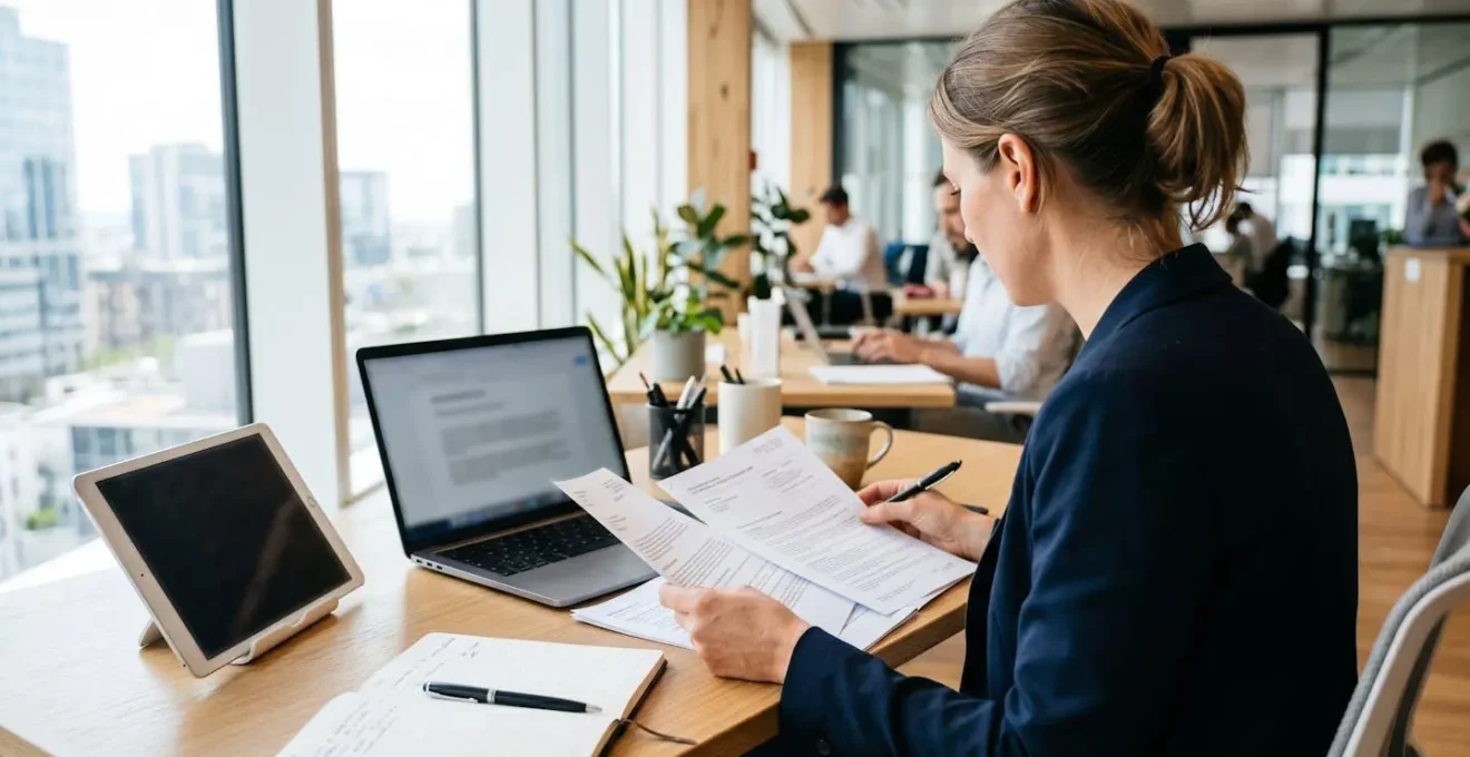 Un professionnel vu de dos consulte des documents administratifs sur un bureau contemporain avec une tablette et un ordinateur portable