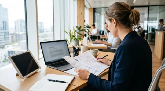 Un professionnel vu de dos consulte des documents administratifs sur un bureau contemporain avec une tablette et un ordinateur portable