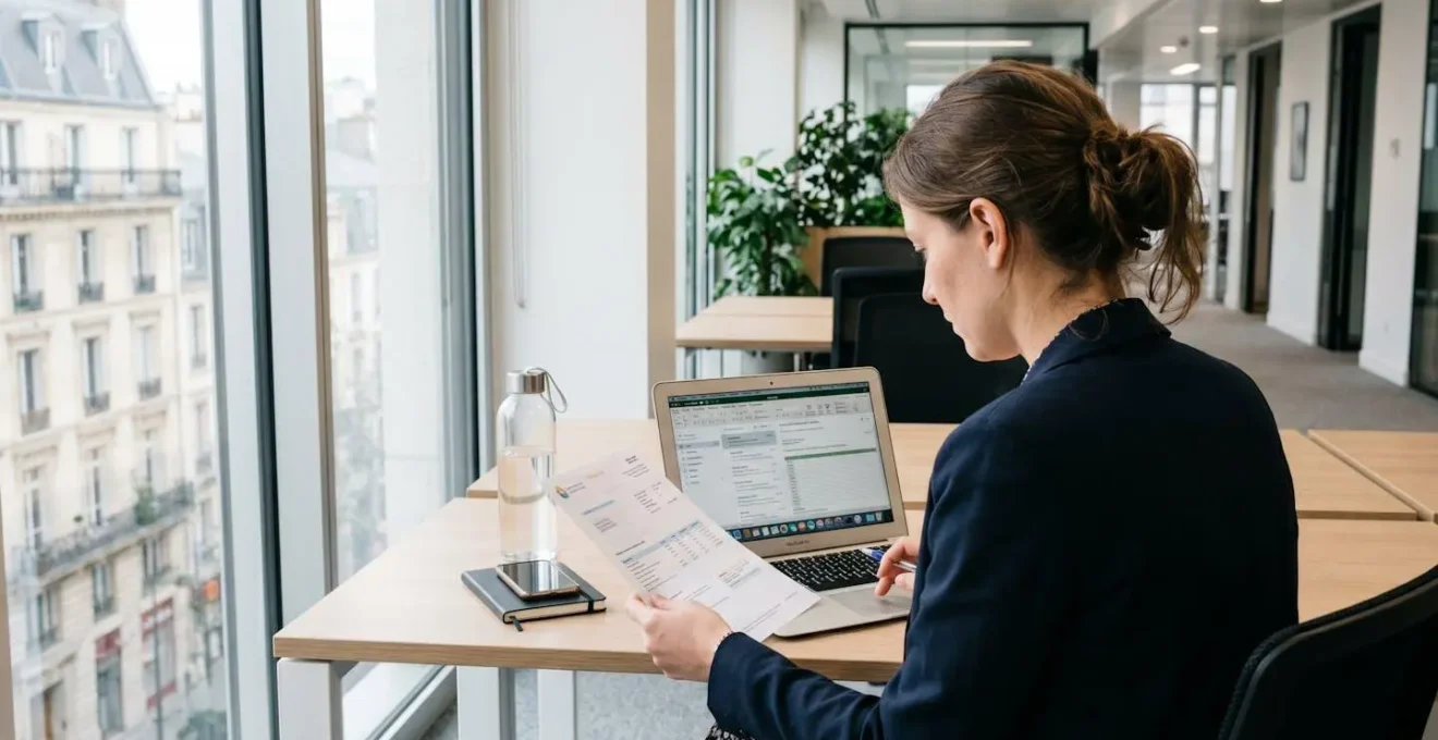 Un responsable financier consulte une facture d'électricité sur son ordinateur portable dans un bureau moderne