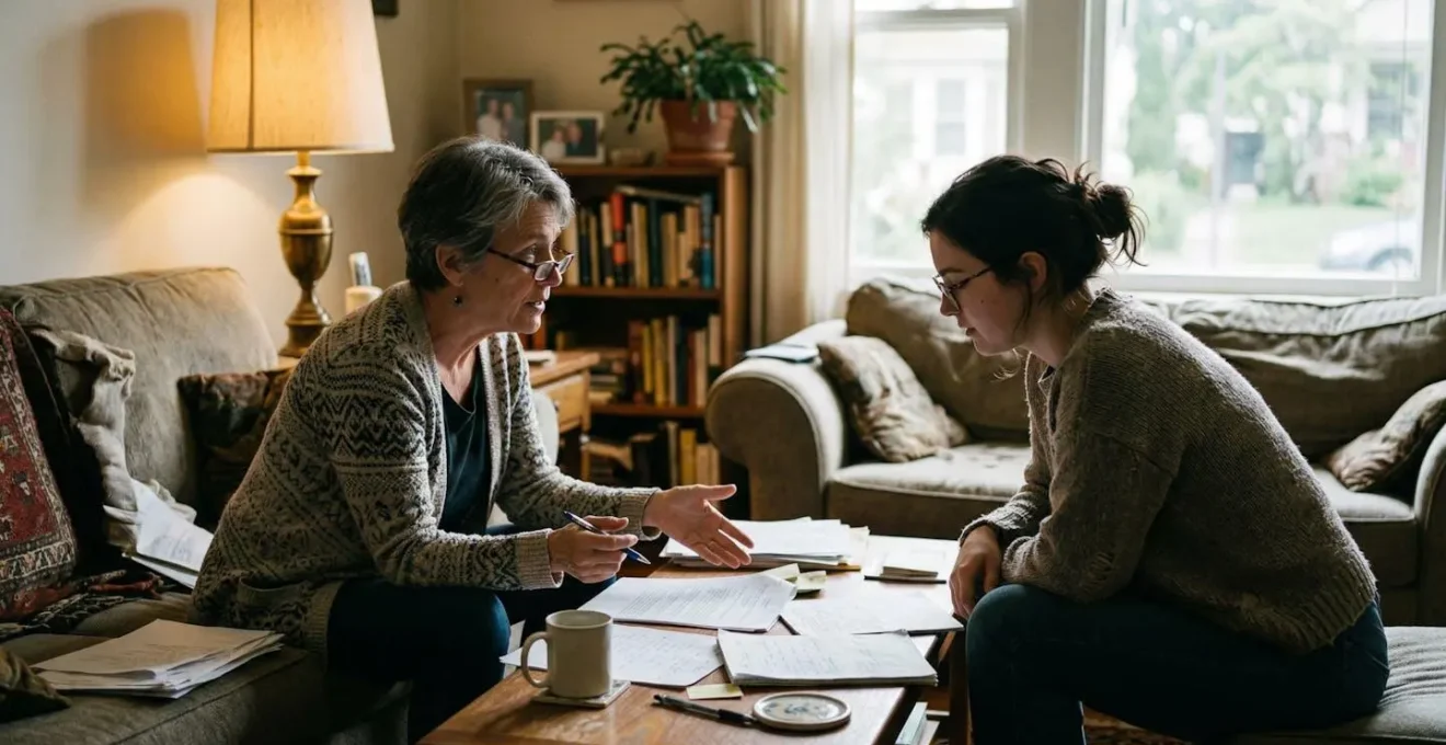 Deux personnes de profil discutent autour de documents posés sur une table basse dans un salon résidentiel, éclairage mixte lampe et fenêtre