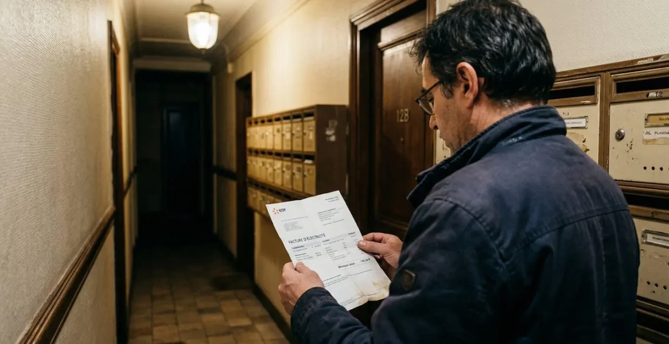 Une personne vue de dos consulte une facture d'électricité dans un couloir d'immeuble faiblement éclairé, boîtes aux lettres floues en arrière-plan