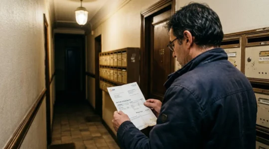 Une personne vue de dos consulte une facture d'électricité dans un couloir d'immeuble faiblement éclairé, boîtes aux lettres floues en arrière-plan