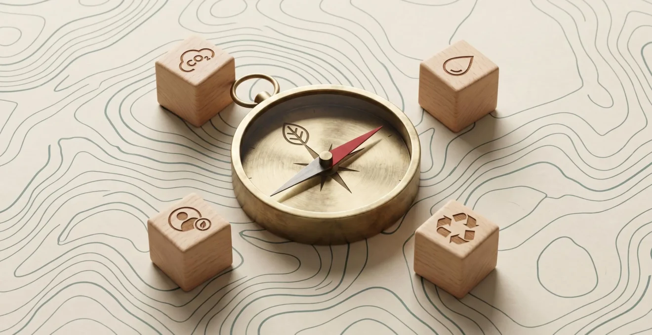Illustration 3D d'une boussole en laiton dont l'aiguille pointe vers un symbole de feuille, posée sur une carte topographique abstraite et entourée de cubes en bois avec pictogrammes ESG gravés