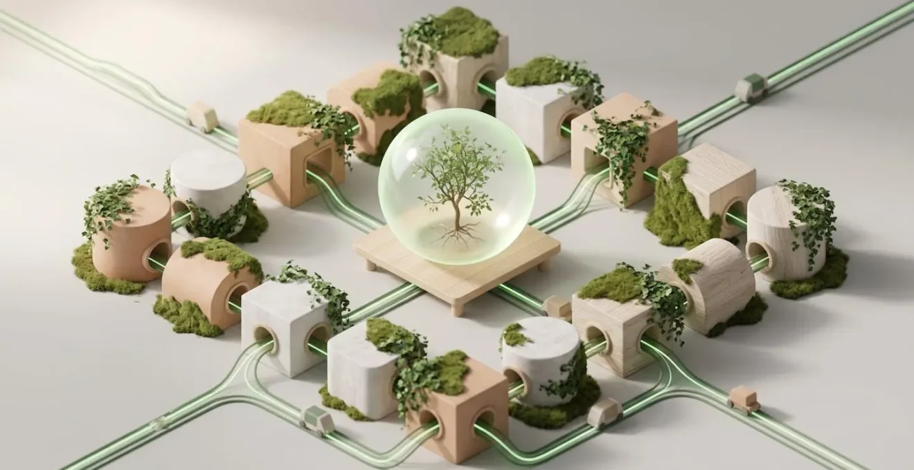 Illustration 3D isométrique représentant des modules logistiques géométriques recouverts de végétation et interconnectés par des flux lumineux verts, avec au centre une sphère transparente contenant un arbre miniature