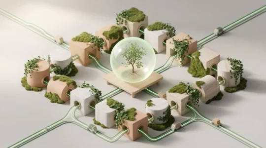 Illustration 3D isométrique représentant des modules logistiques géométriques recouverts de végétation et interconnectés par des flux lumineux verts, avec au centre une sphère transparente contenant un arbre miniature