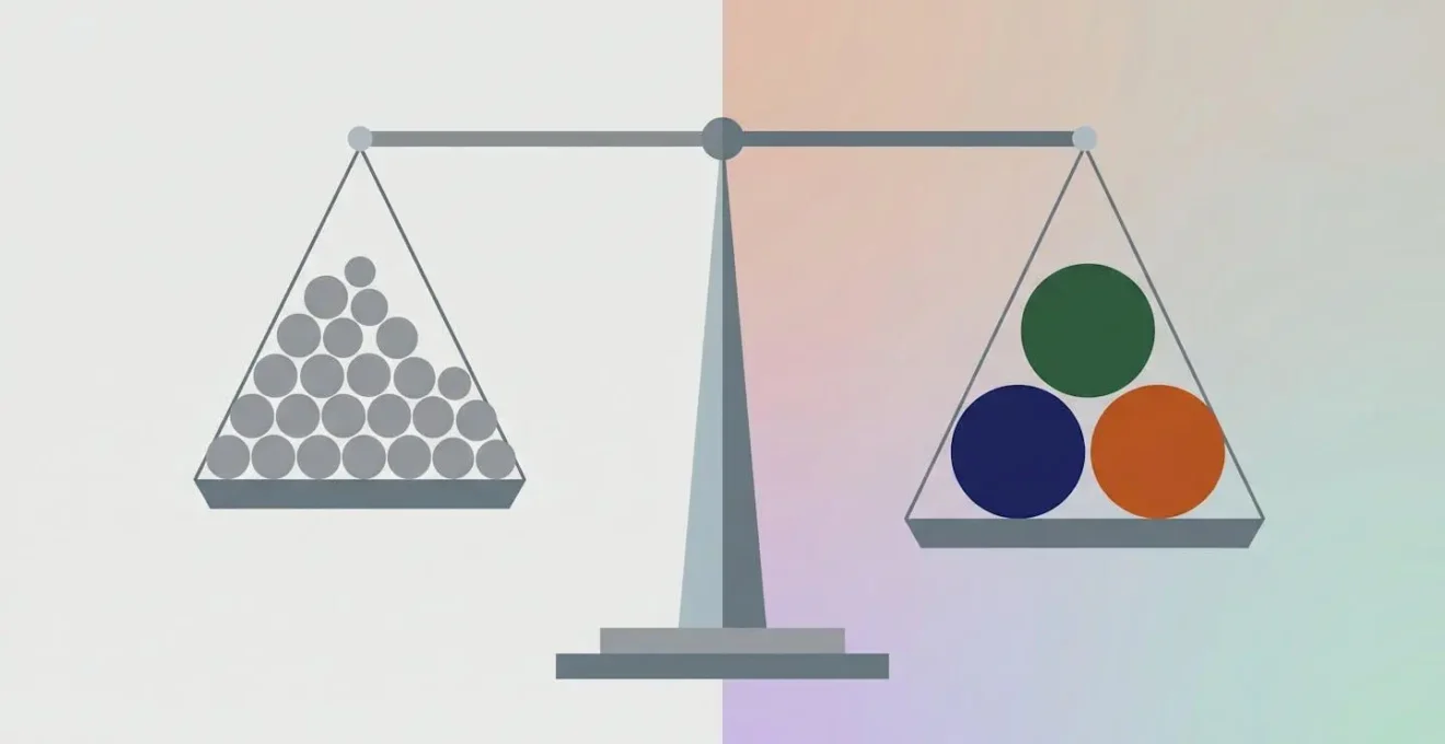 Illustration schématique d'une balance avec de nombreuses petites sphères grises sur le plateau gauche et quelques grosses sphères colorées sur le plateau droit qui penche légèrement