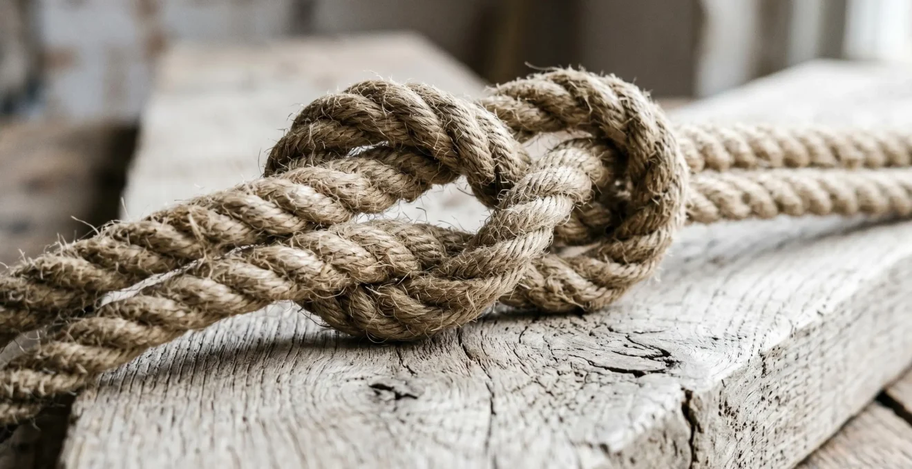 Photographie macro d'un nœud marin complexe en corde de jute épaisse posé sur une planche de bois clair, avec éclairage latéral créant des ombres marquées