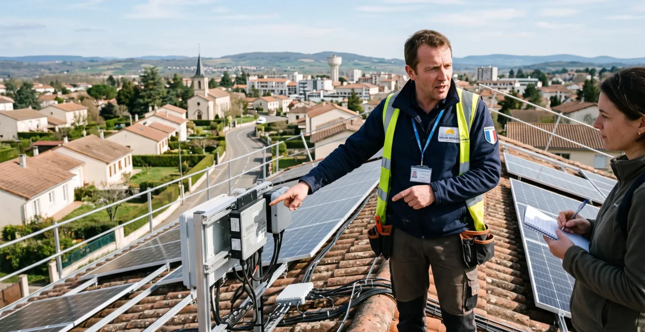 Un technicien évalue les sources d'énergie décentralisées sur un toit résidentiel en France.