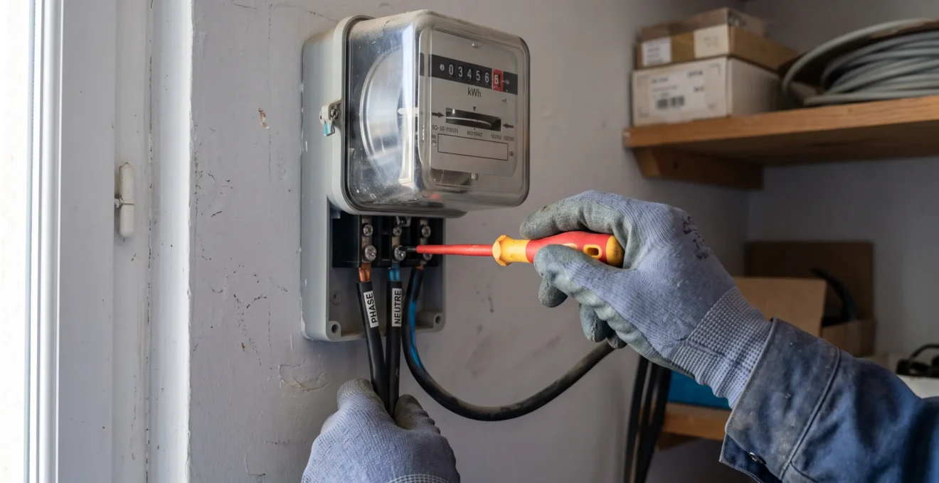 Un compteur monophasé à deux fils fixé sur un mur avec la main d'un électricien.