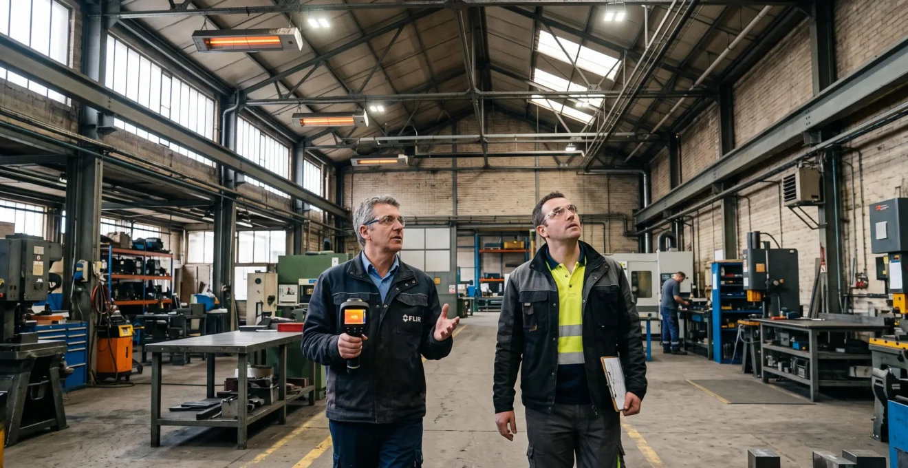 Un consultant en énergie et un gestionnaire examinent les luminaires et radiateurs d'un atelier professionnel.