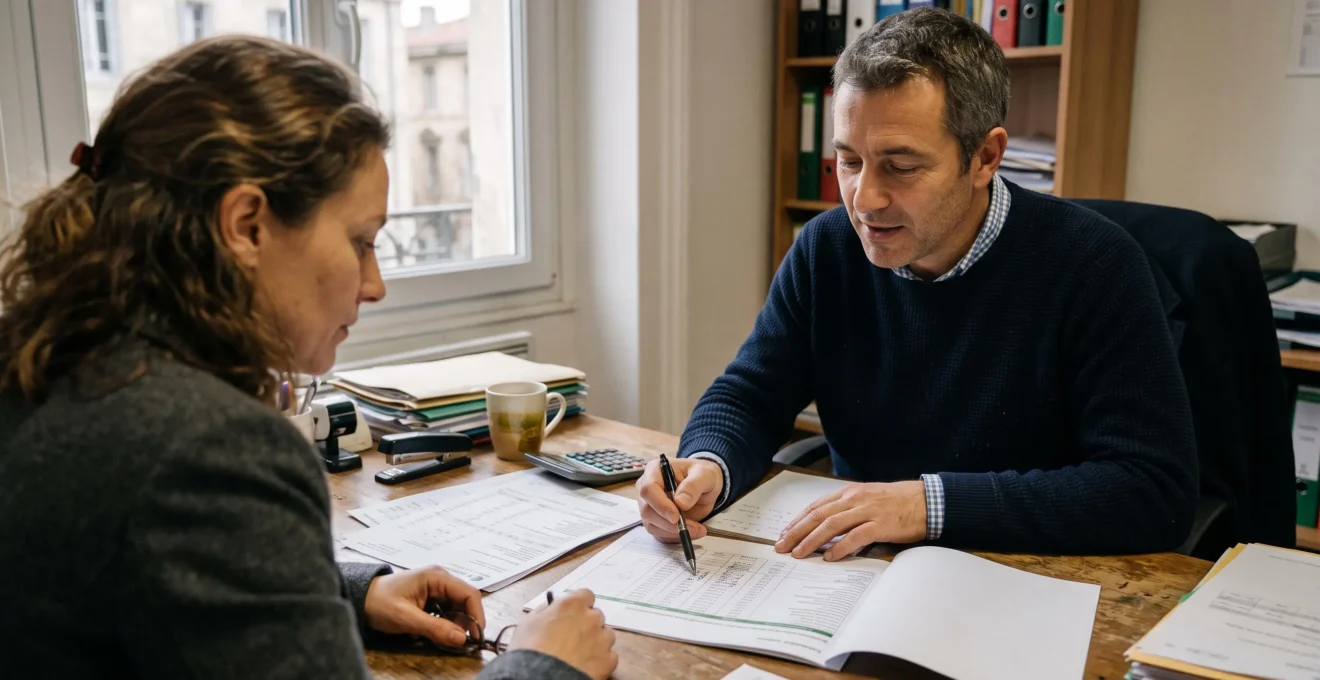 Un courtier en énergie explique une facture à un client dans un bureau.