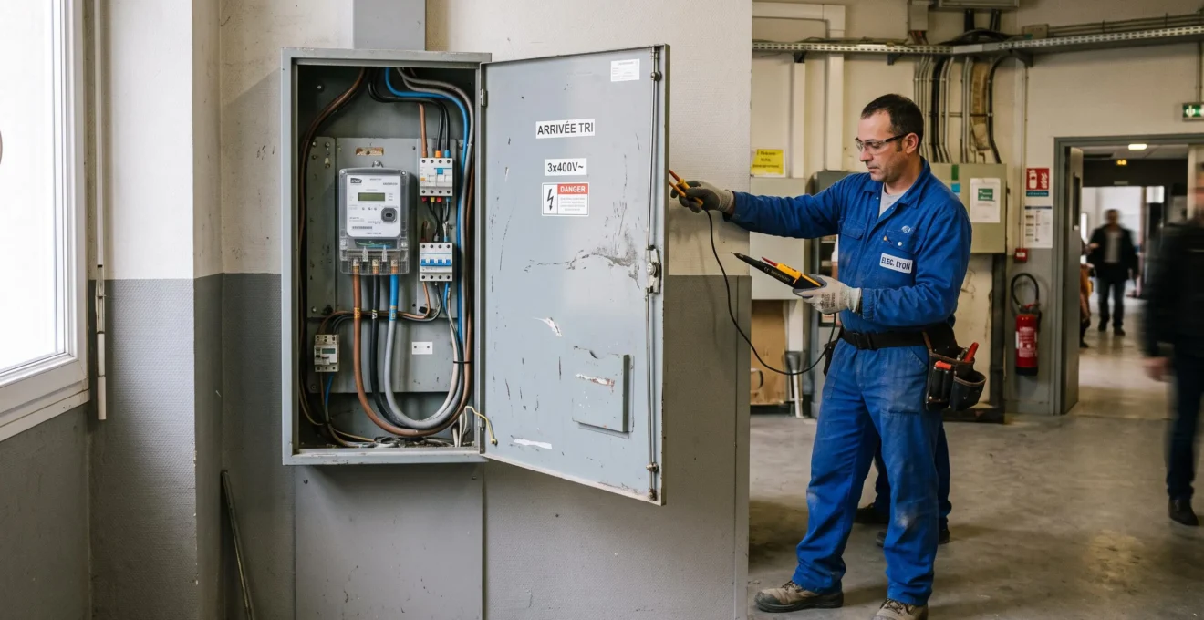 Un électricien inspecte un compteur triphasé installé dans un tableau électrique de local professionnel.