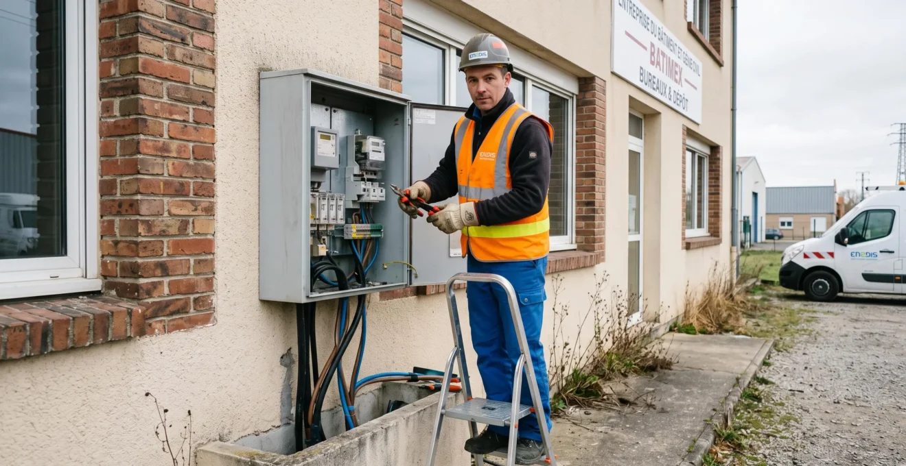 Un technicien en gilet haute visibilité intervient sur un coffret électrique en façade d'un bâtiment.