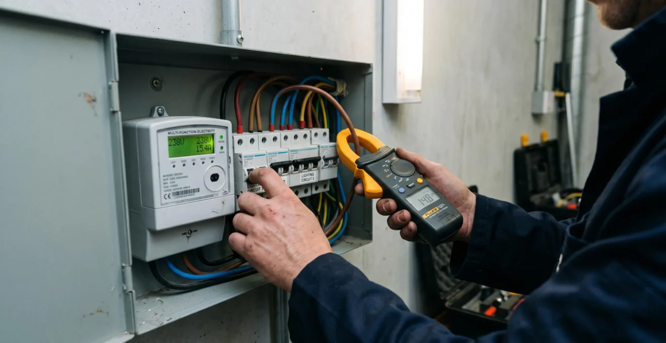 Un technicien mesure l'intensité électrique au tableau d'un local professionnel avec une pince ampèremétrique.